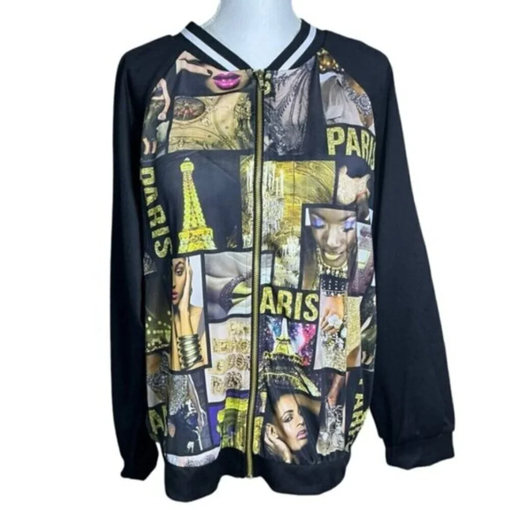 Blush Paris Bomber Jacket Magazine Varsity Zip Up Gold Black Women Large-XLarge - Picture 5 of 15